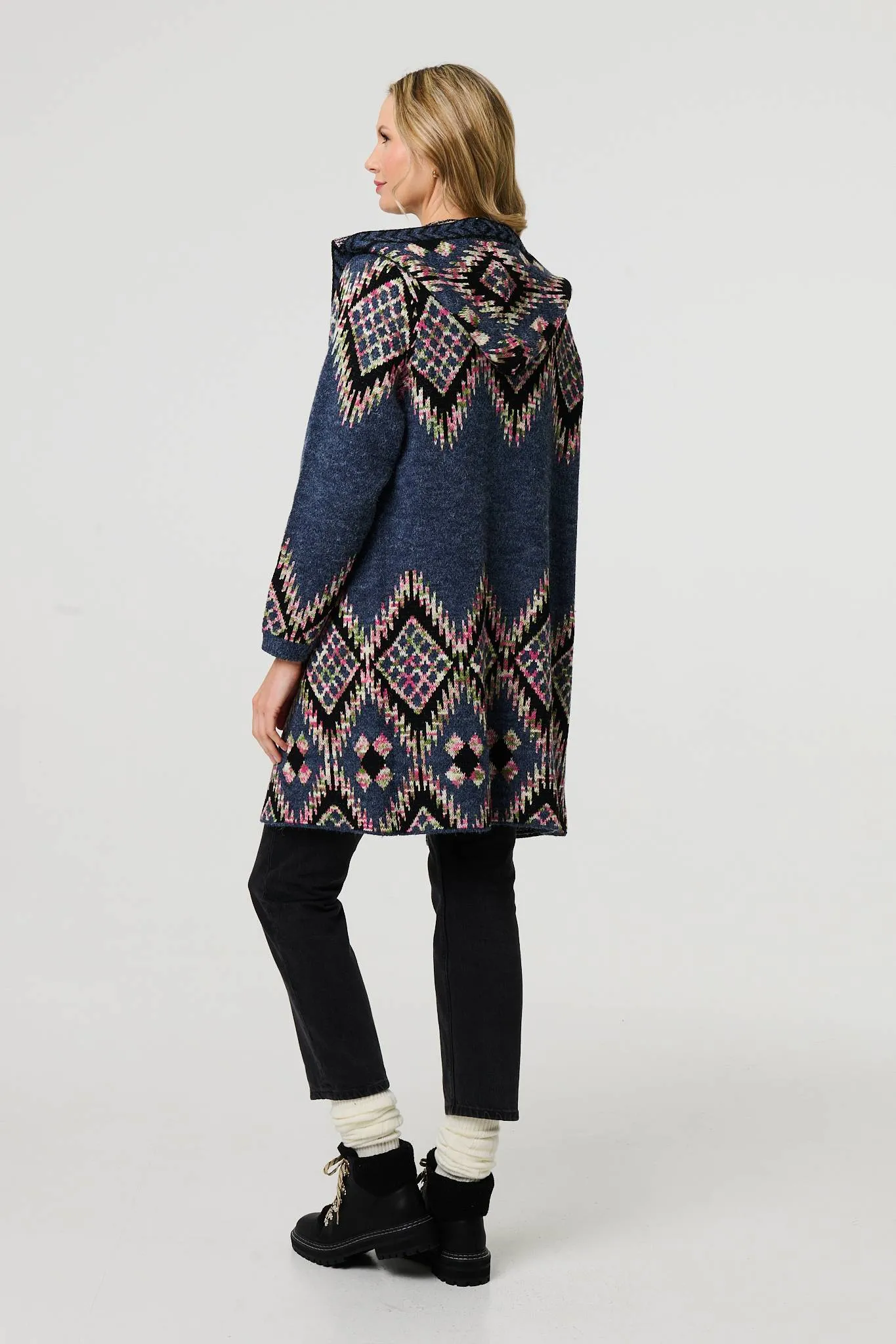Aztec Print Longline Hooded Knit Jacket