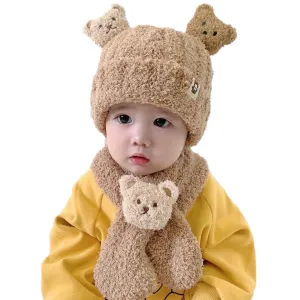 Babymoon Winter Bear Fleece Soft Baby Cap Hat with Scarf Boy’s Girls Kids Cap Hat Headwear | Brown | 0-3 Yr