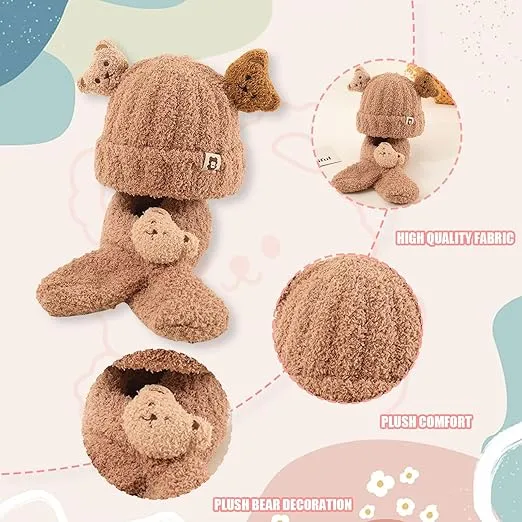Babymoon Winter Bear Fleece Soft Baby Cap Hat with Scarf Boy’s Girls Kids Cap Hat Headwear | Brown | 0-3 Yr
