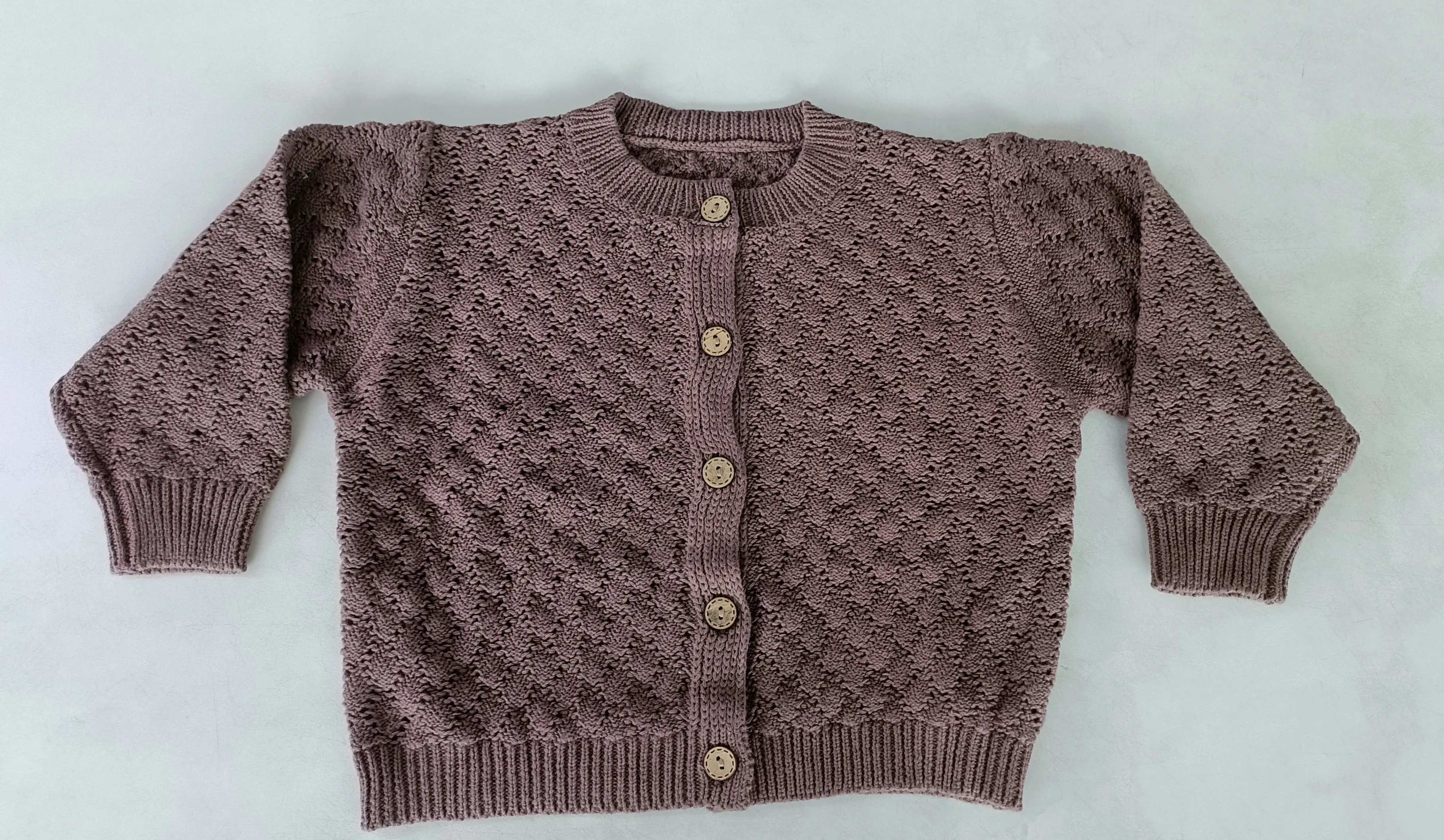 Brown Woolen Round Neck Long Sleeve Front Open Sweater