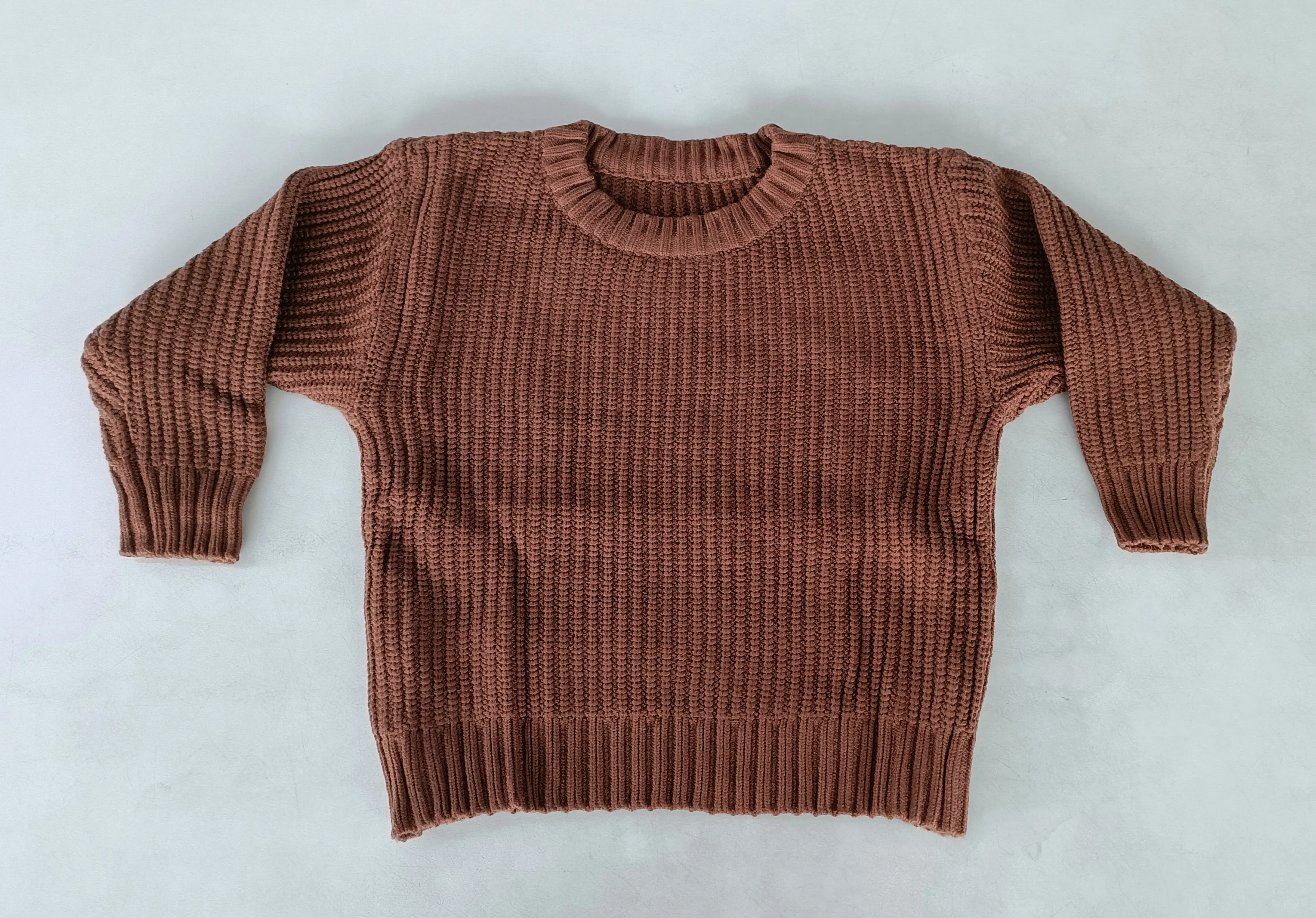 Brown Woolen Round Neck Long Sleeve Sweater