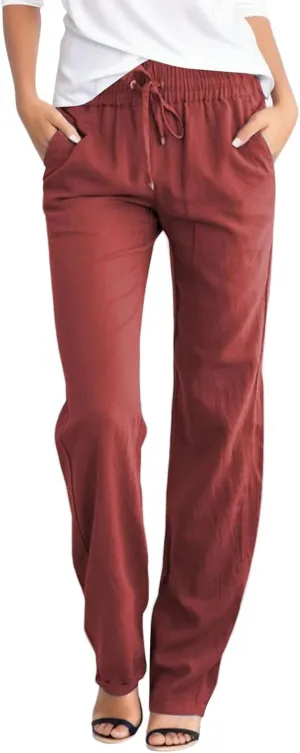 Cotton Linen Pants for Women Lightweight Summer Relax Fit Elastic Waist Plus Size Solid Lounge Long Casual Trousers