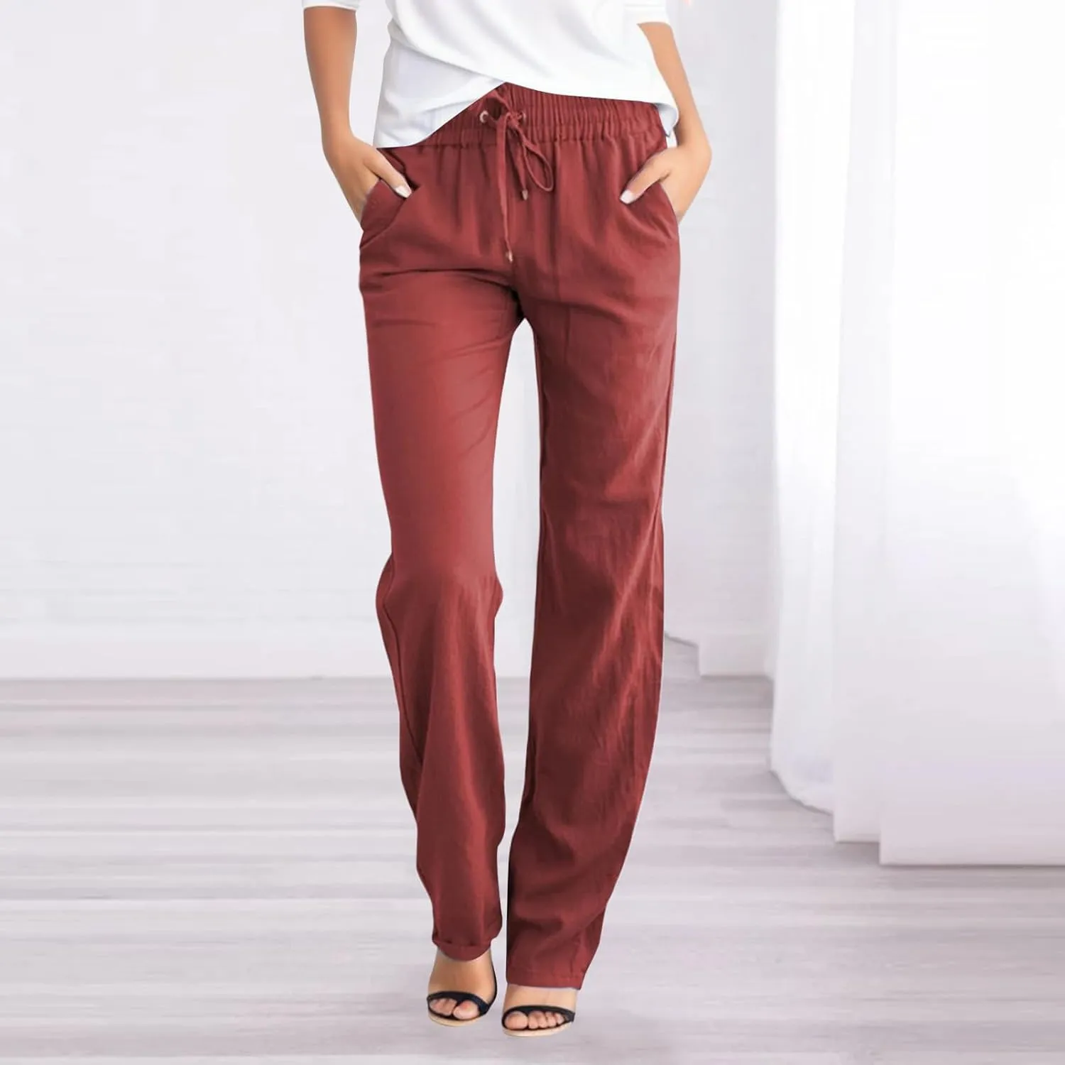 Cotton Linen Pants for Women Lightweight Summer Relax Fit Elastic Waist Plus Size Solid Lounge Long Casual Trousers
