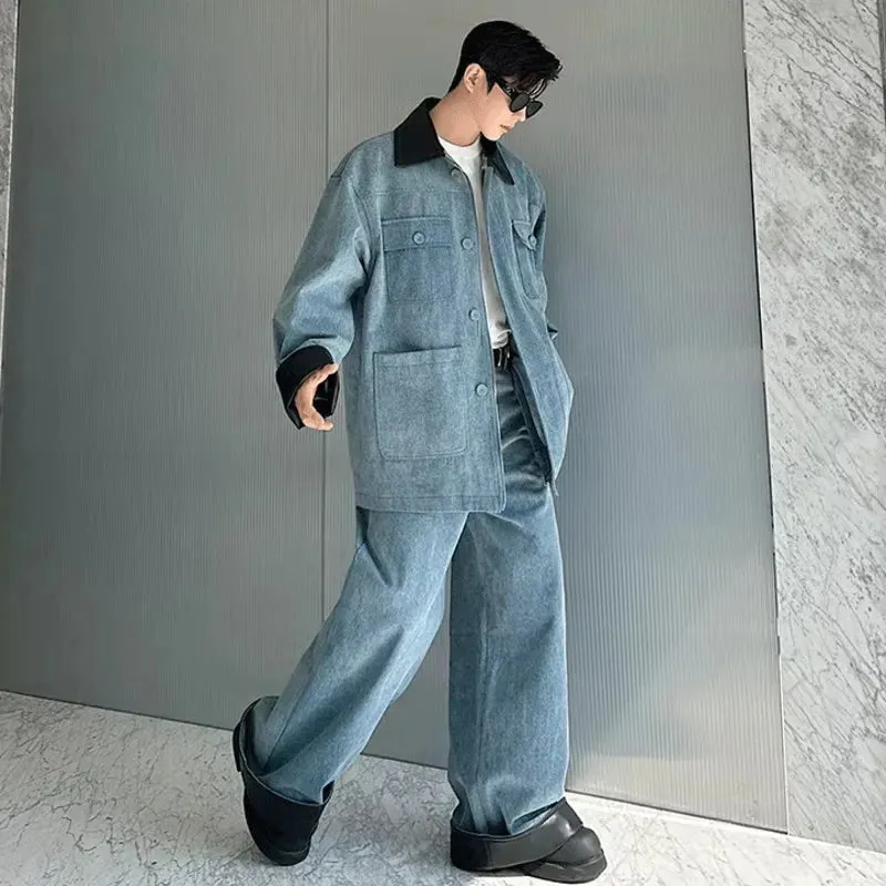 Denim PU Leather Patchwork Jacket Pants Set