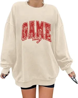 Game Day Sweatshirt for Women Oversized Football Sweatshirts Football Mom Crewneck Long Sleeve Pullover Tops