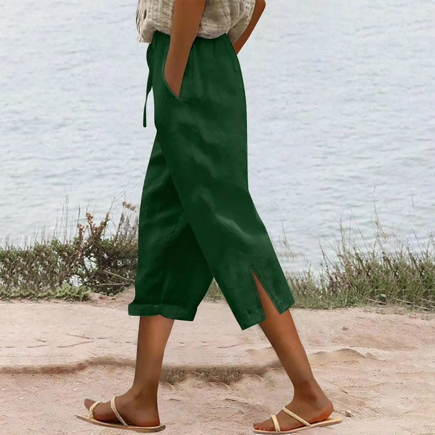 Linen Capri Pants for Women Drawstring Elastic Waist Shorts Lightweight Summer Pants Beach Capri Pants with Pockets
