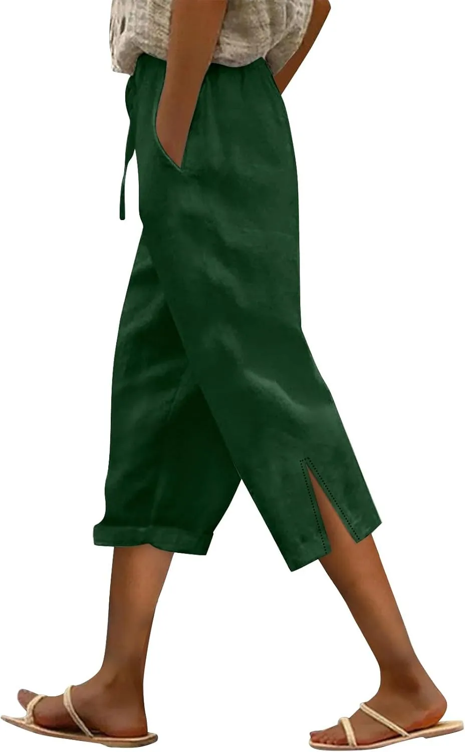 Linen Capri Pants for Women Drawstring Elastic Waist Shorts Lightweight Summer Pants Beach Capri Pants with Pockets