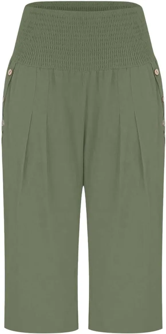 Linen Pants for Women Casual Loose Elastic High Waisted Straight Leg Trousers Palazzo Boho Wide Leg Beach Lounge