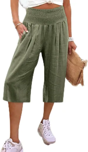 Linen Pants for Women Casual Loose Elastic High Waisted Straight Leg Trousers Palazzo Boho Wide Leg Beach Lounge