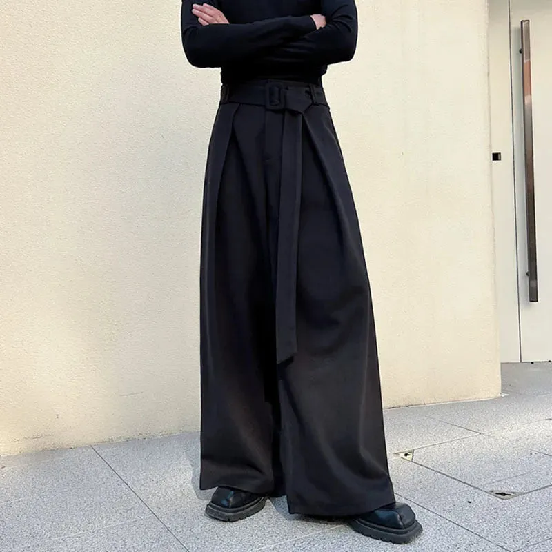 Men's Woolen Trousers Autumn Winter Fashionable Wide Leg Pants Loose Casual Belt Niche Design Trend Male Baggy 9C2755