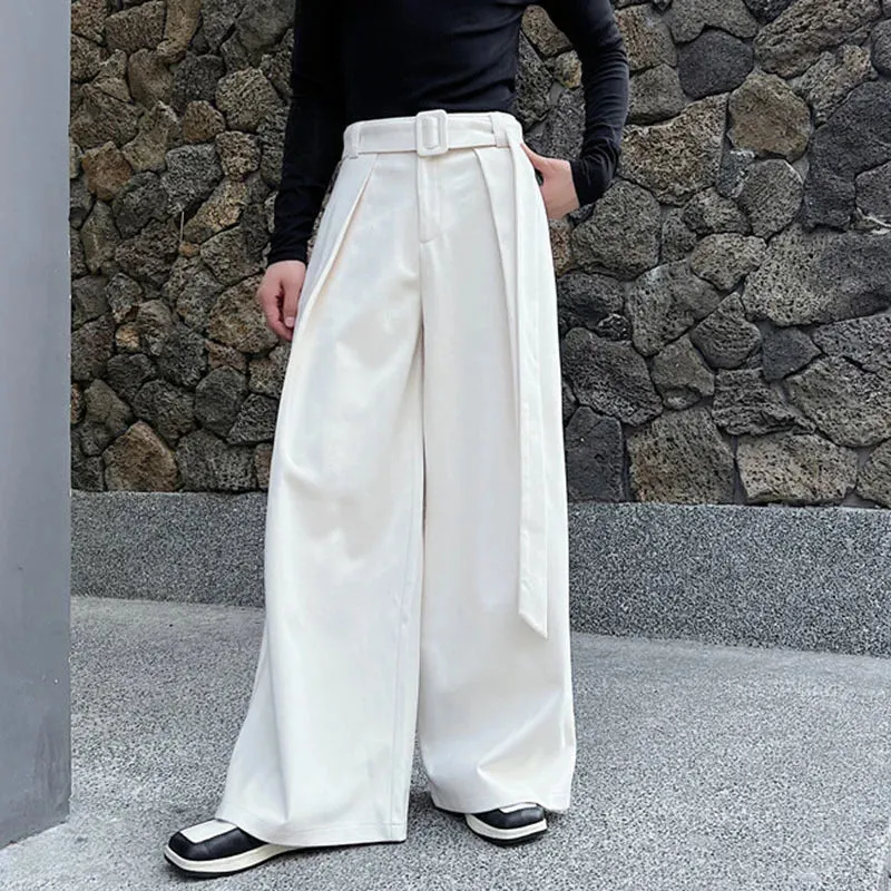 Men's Woolen Trousers Autumn Winter Fashionable Wide Leg Pants Loose Casual Belt Niche Design Trend Male Baggy 9C2755