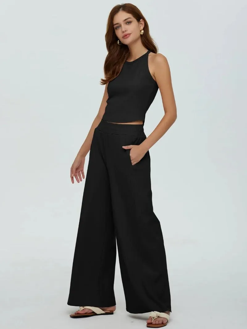 Sleeveless Crop Tank Top & High Waist Pants Outfit Sets