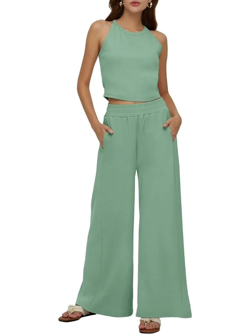 Sleeveless Crop Tank Top & High Waist Pants Outfit Sets