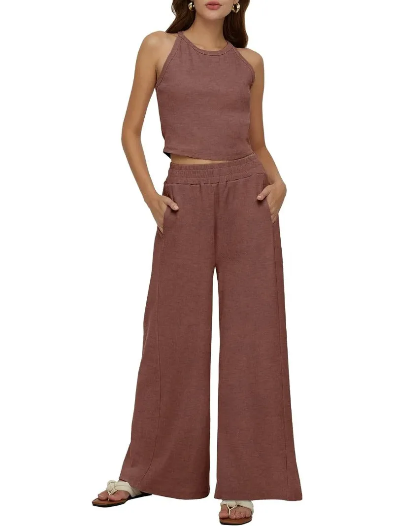 Sleeveless Crop Tank Top & High Waist Pants Outfit Sets