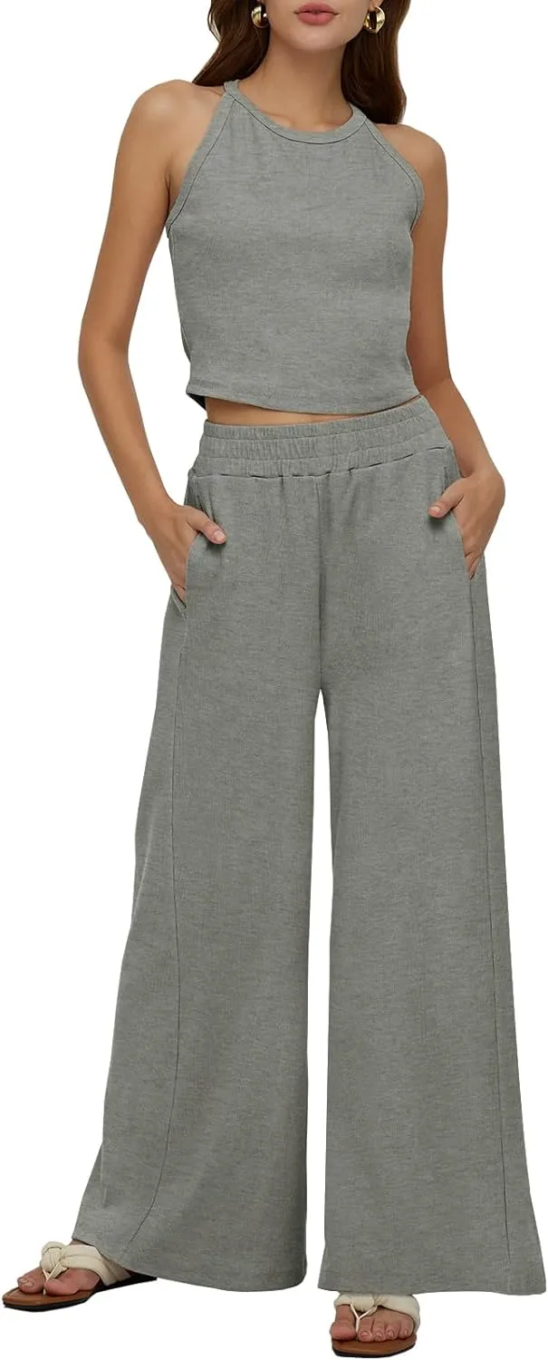 Sleeveless Crop Tank Top & High Waist Pants Outfit Sets