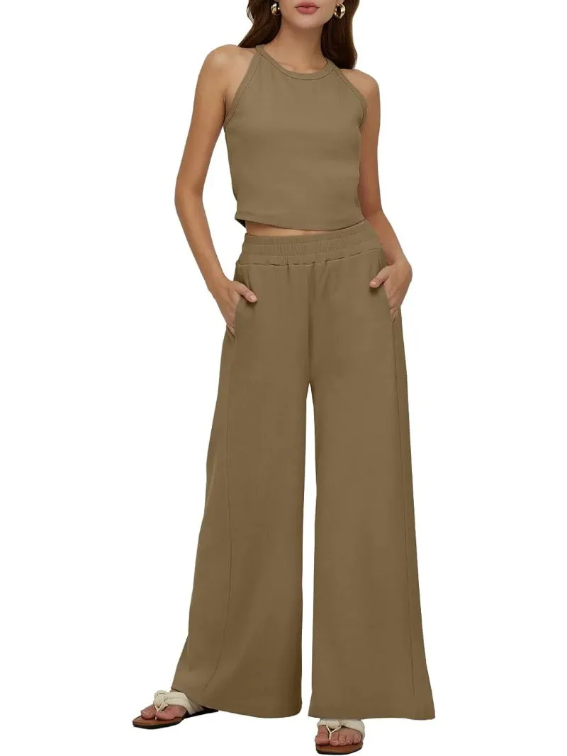 Sleeveless Crop Tank Top & High Waist Pants Outfit Sets