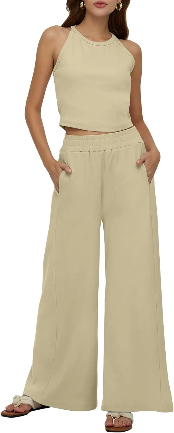Sleeveless Crop Tank Top & High Waist Pants Outfit Sets
