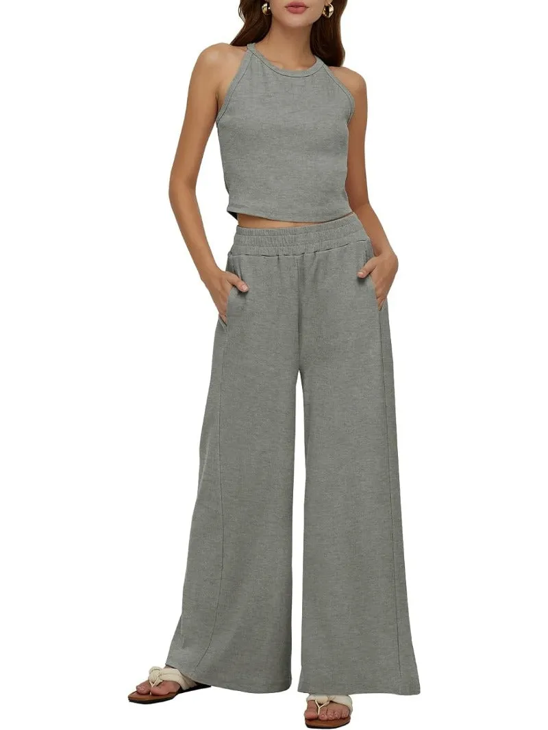Sleeveless Crop Tank Top & High Waist Pants Outfit Sets