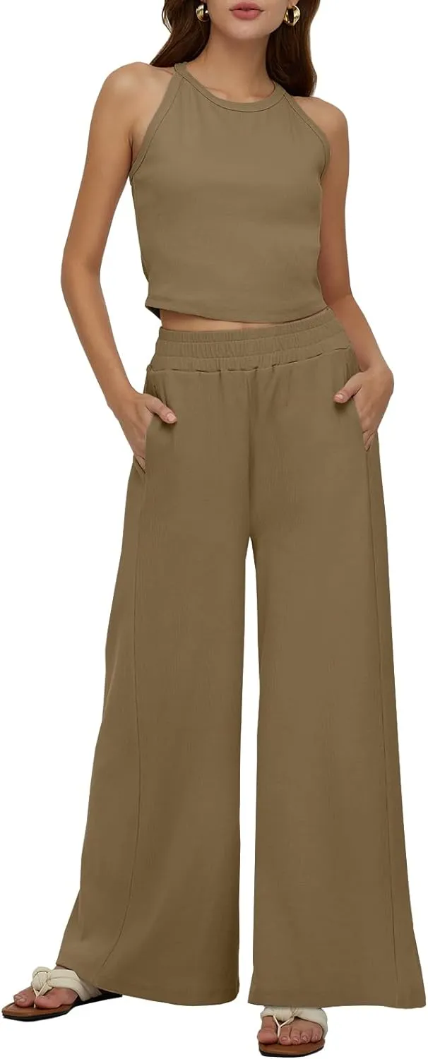 Sleeveless Crop Tank Top & High Waist Pants Outfit Sets
