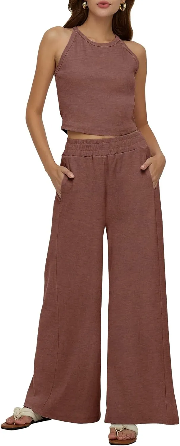 Sleeveless Crop Tank Top & High Waist Pants Outfit Sets
