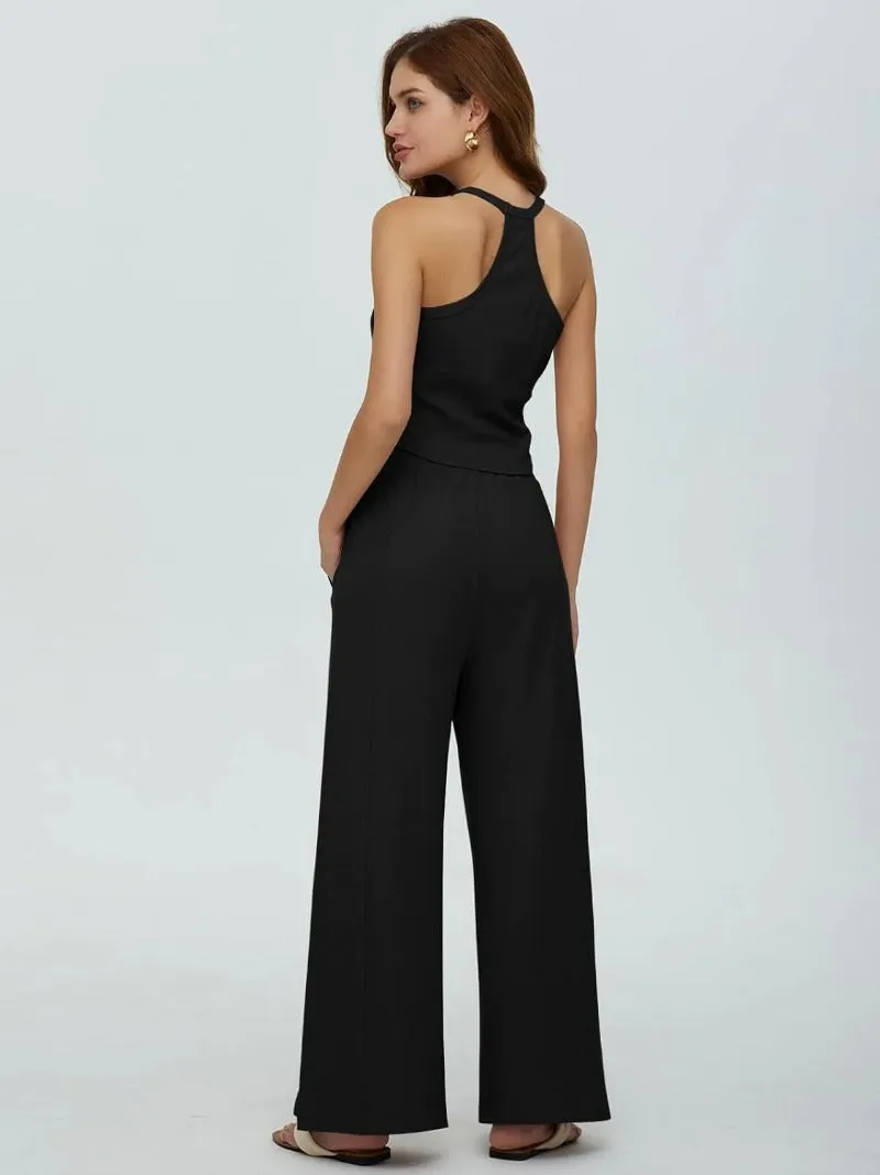 Sleeveless Crop Tank Top & High Waist Pants Outfit Sets