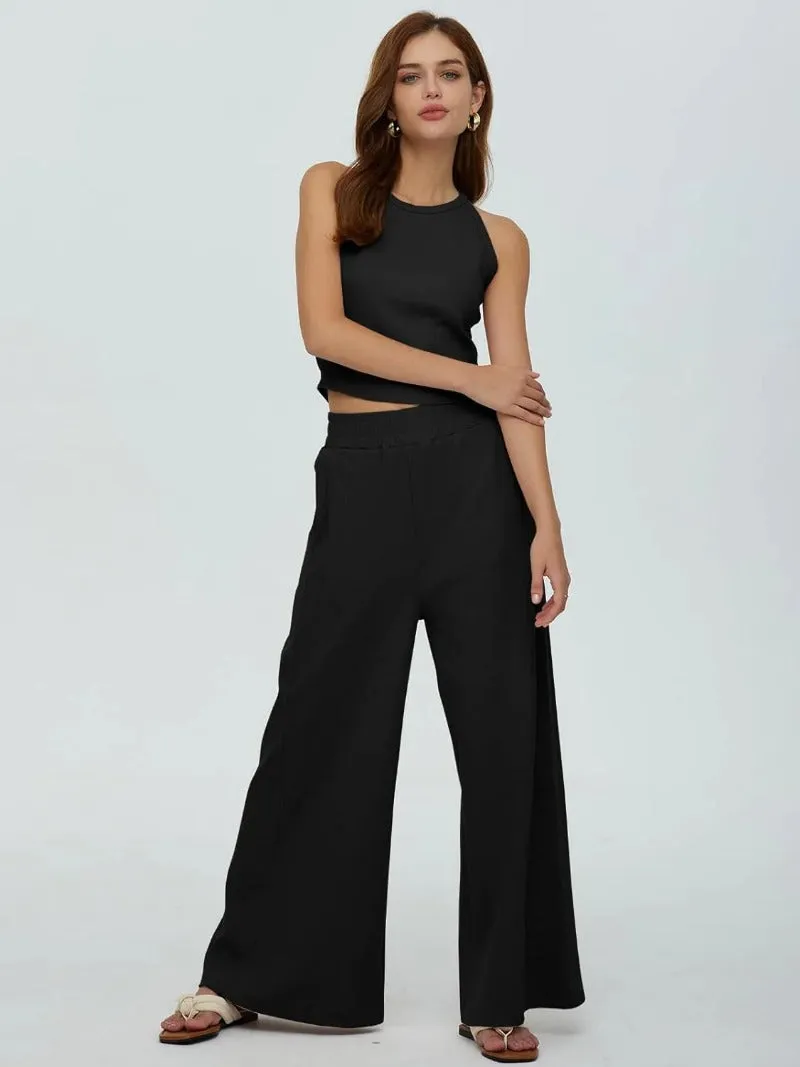 Sleeveless Crop Tank Top & High Waist Pants Outfit Sets