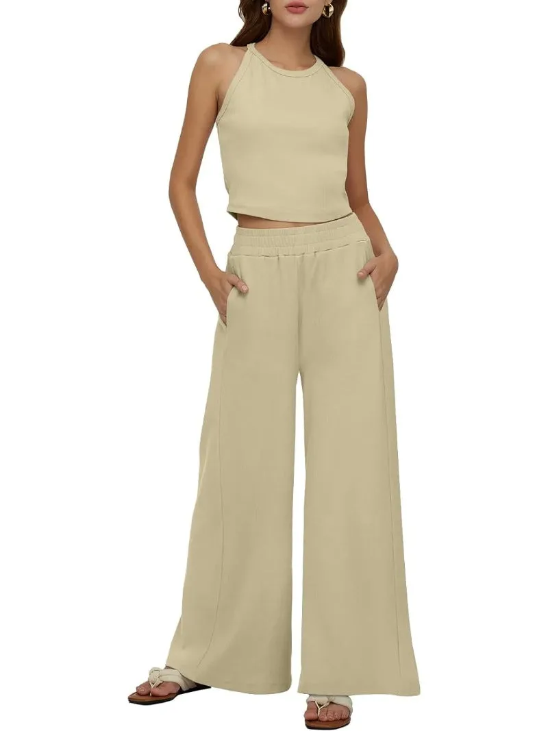Sleeveless Crop Tank Top & High Waist Pants Outfit Sets