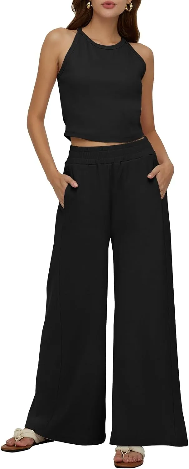 Sleeveless Crop Tank Top & High Waist Pants Outfit Sets