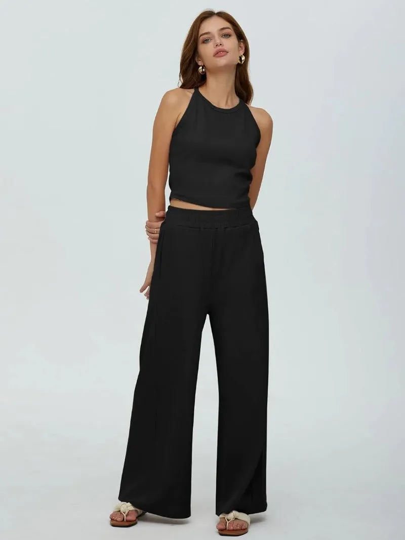 Sleeveless Crop Tank Top & High Waist Pants Outfit Sets