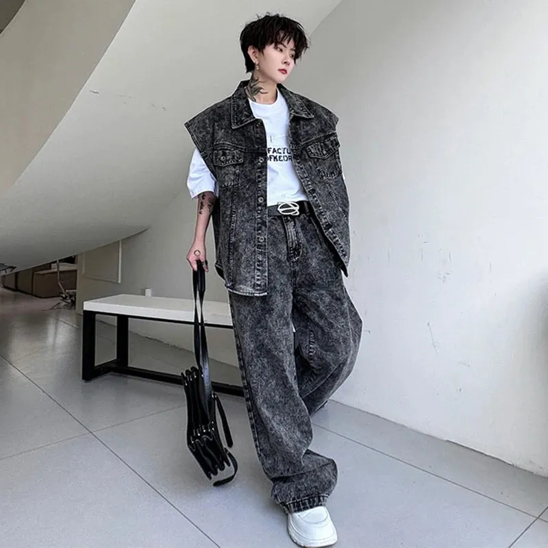 Washed Denim Vest Pants Set