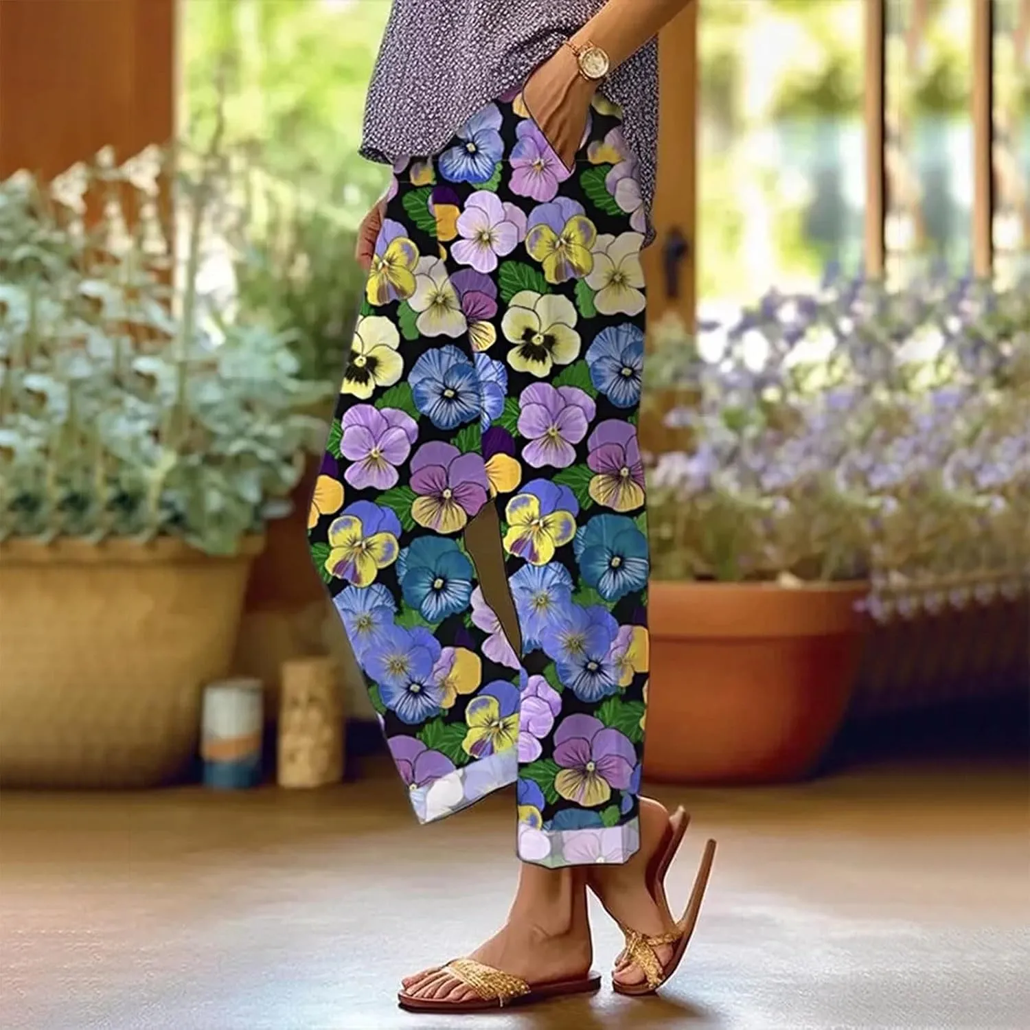Women's Linen Capris Pants Casual Loose High Waist Wide Leg Cropped Boho Palazzo Beach Pant Spring Outfits Trendy