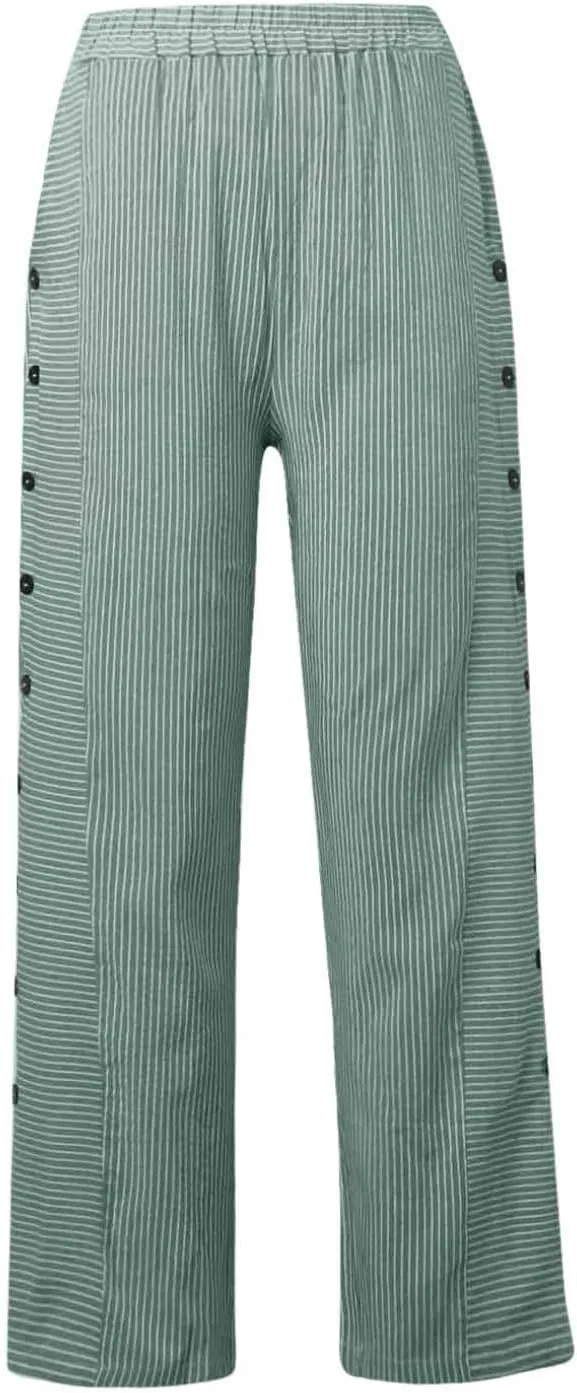 Women's Linen Pants Striped Side Button Elastic Waist Summer Trendy Pants Straight Leg Baggy Trousers with Pockets