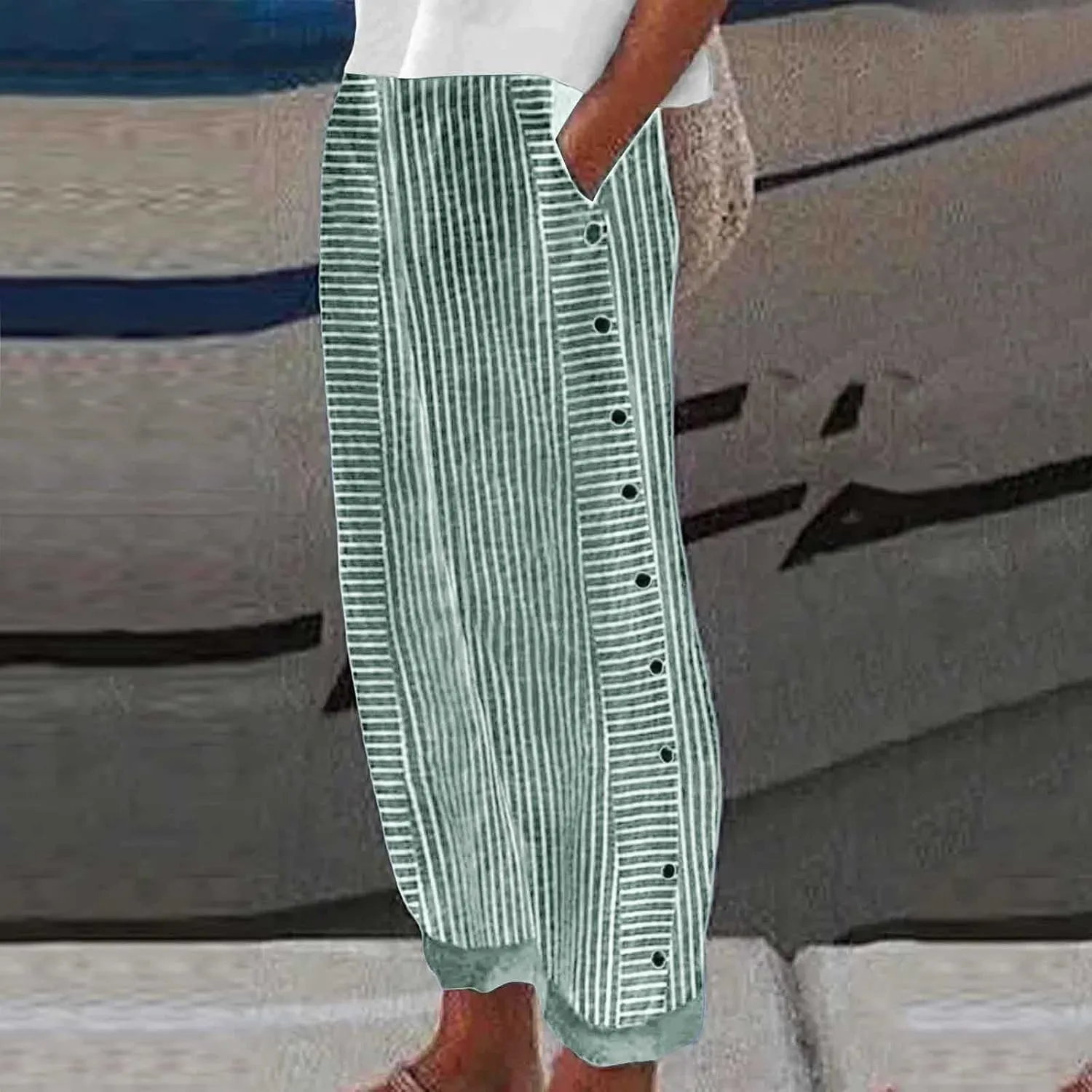 Women's Linen Pants Striped Side Button Elastic Waist Summer Trendy Pants Straight Leg Baggy Trousers with Pockets