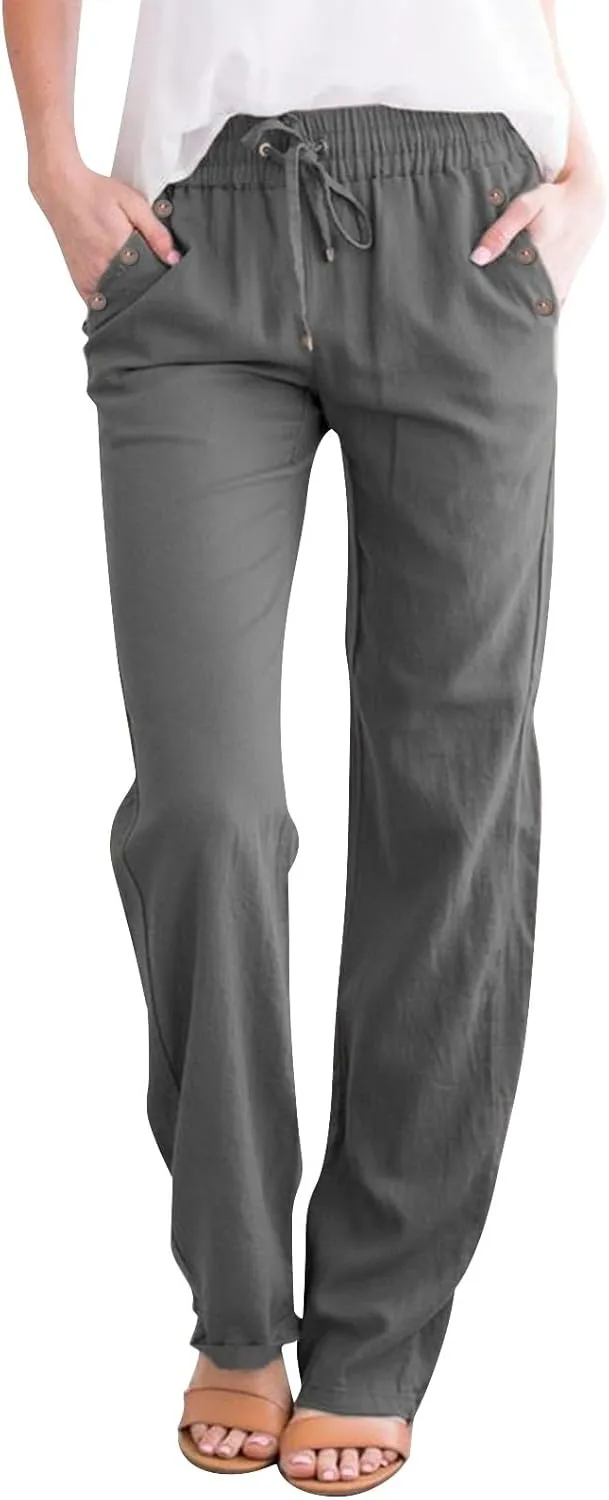 Womens Loose Straight Leg Linen Pants Lightweight Summer High Waist Trousers Drawstring Casual Work Sports Pant Plus