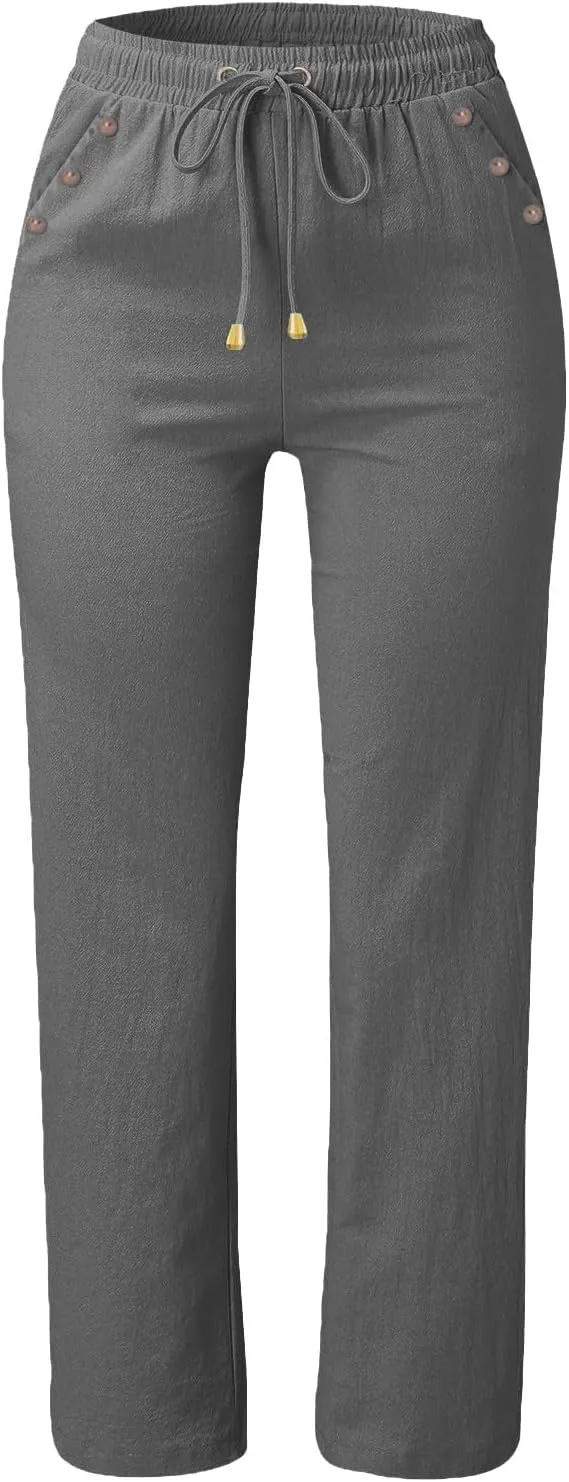 Womens Loose Straight Leg Linen Pants Lightweight Summer High Waist Trousers Drawstring Casual Work Sports Pant Plus
