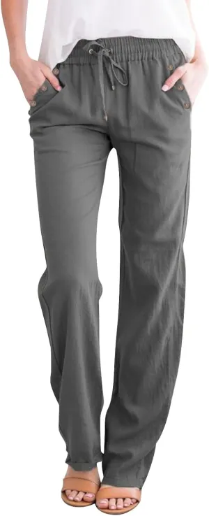 Womens Loose Straight Leg Linen Pants Lightweight Summer High Waist Trousers Drawstring Casual Work Sports Pant Plus
