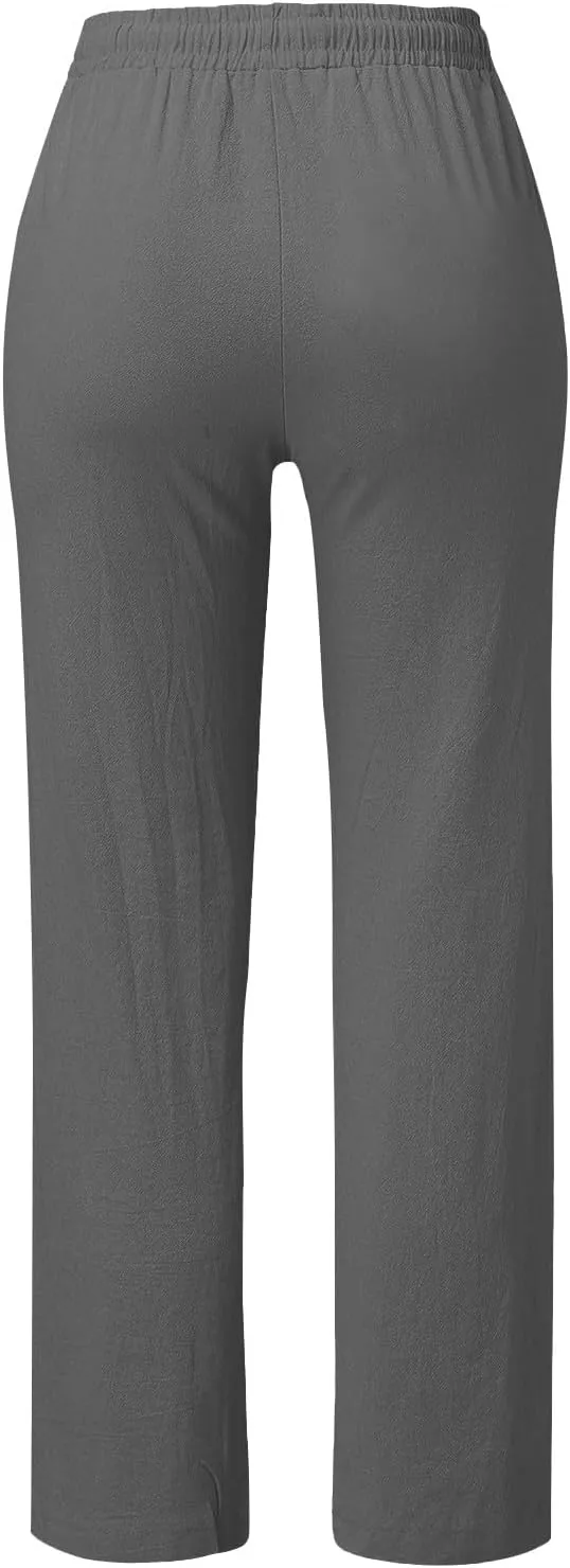 Womens Loose Straight Leg Linen Pants Lightweight Summer High Waist Trousers Drawstring Casual Work Sports Pant Plus